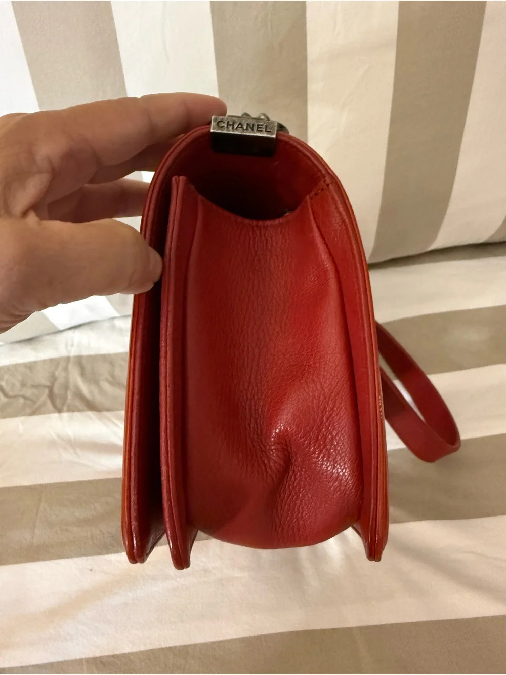 CHANEL Red Quilted Boy Bag with gray-Tone Hardware